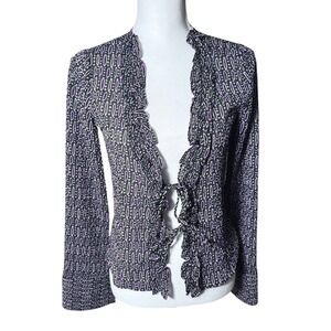 ZARA Ruffle Tie Front Semi Sheer Blouse Black Purple Green Oval Print Small NWT